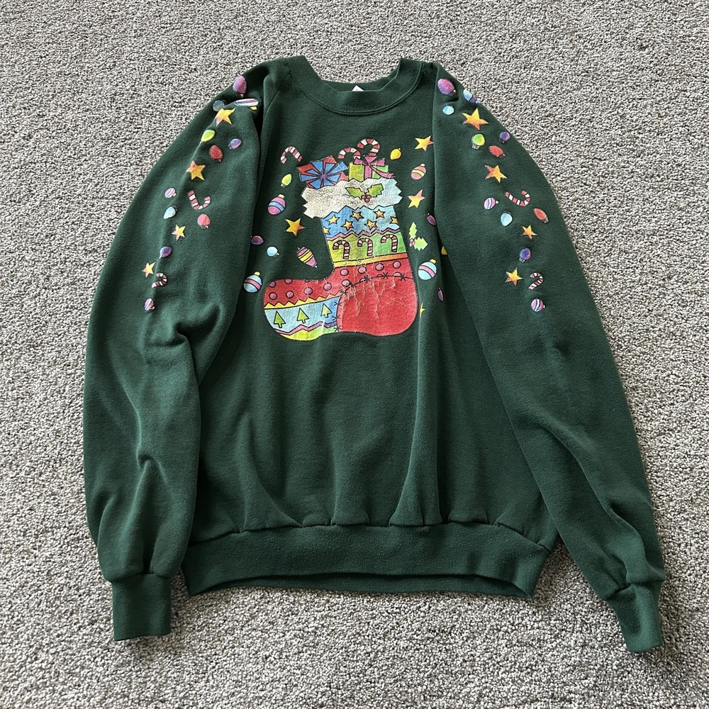 Vintage Jerzees Christmas Sweatshirt Mens XL Green Fleece Stocking Graphic